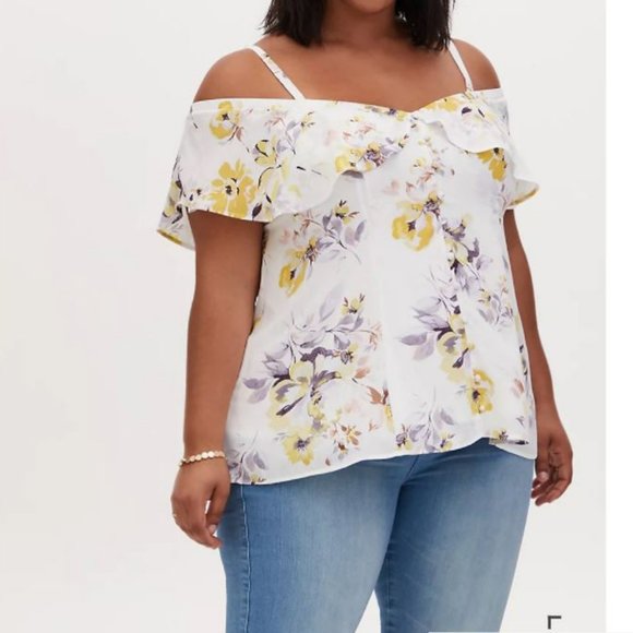 WHITE FLORAL GEORGETTE FIT & FLARE COLD SHOULDER TOP - Picture 1 of 4
